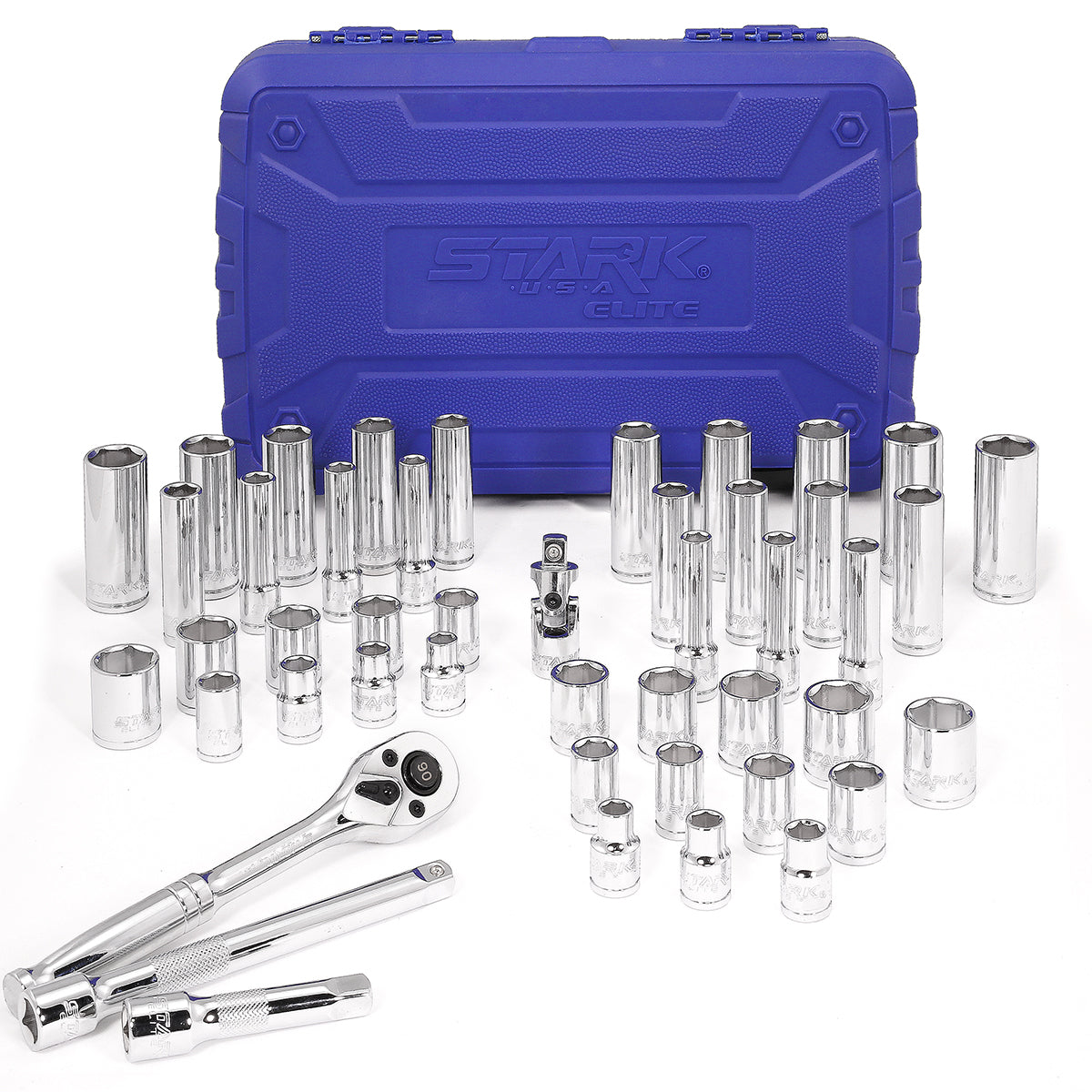 Stark USA 47PCS 3/8" DR Socket Set SAE/MM 90T Ratchet Extension Bar 6PT Socket