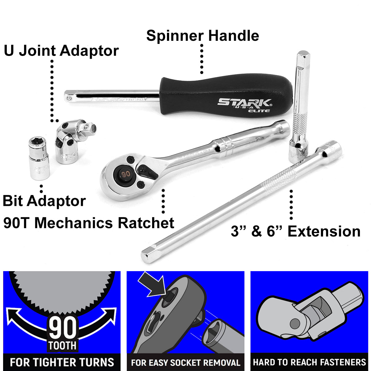 Stark USA 55PCS Socket Set 1/2" Drive 90T-Ratchet Extension Bar SAE / Metric Set