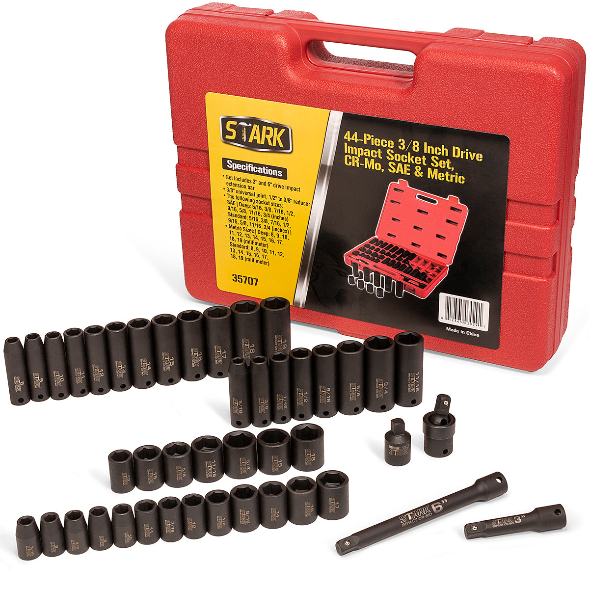 Stark USA 44PCS Impact Socket 3/8" DR Shallow & Deep SAE & Metric w/ Carry Case