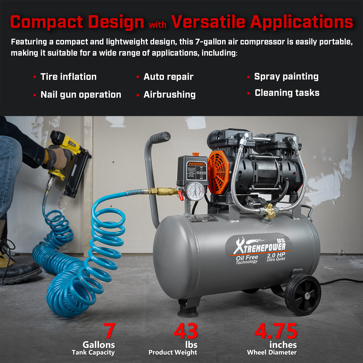 XtremepowerUS 2.0HP Ultra Quiet Air Compressor Tank 7 Gallon Oil-Free With Air Filter