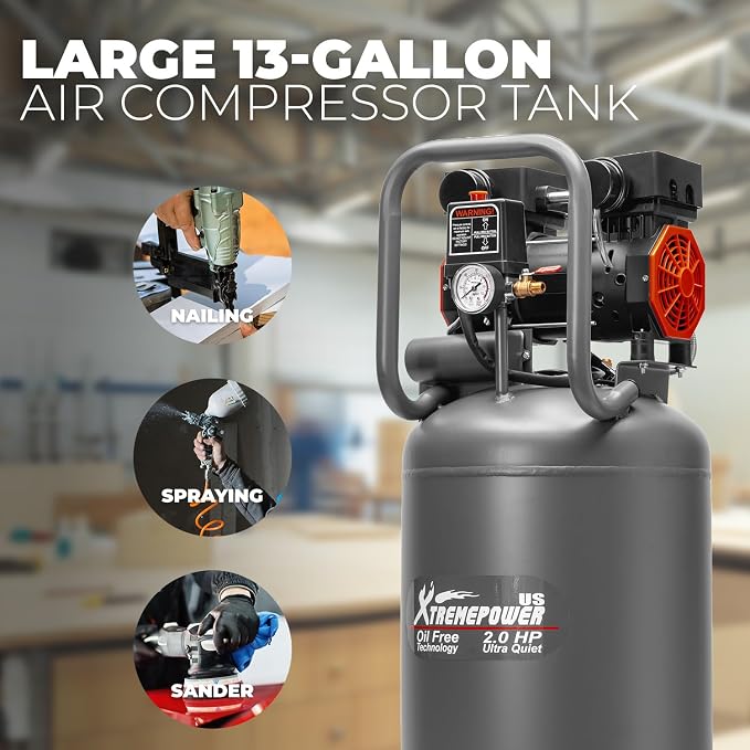 XtremepowerUS 13-Gallon Air Compressor, 2HP 1450W, 4.9CFM@90PSI, Oil-Free Quiet Tank, 65dB Low Noise, Portable with Wheels, Max 116PSI