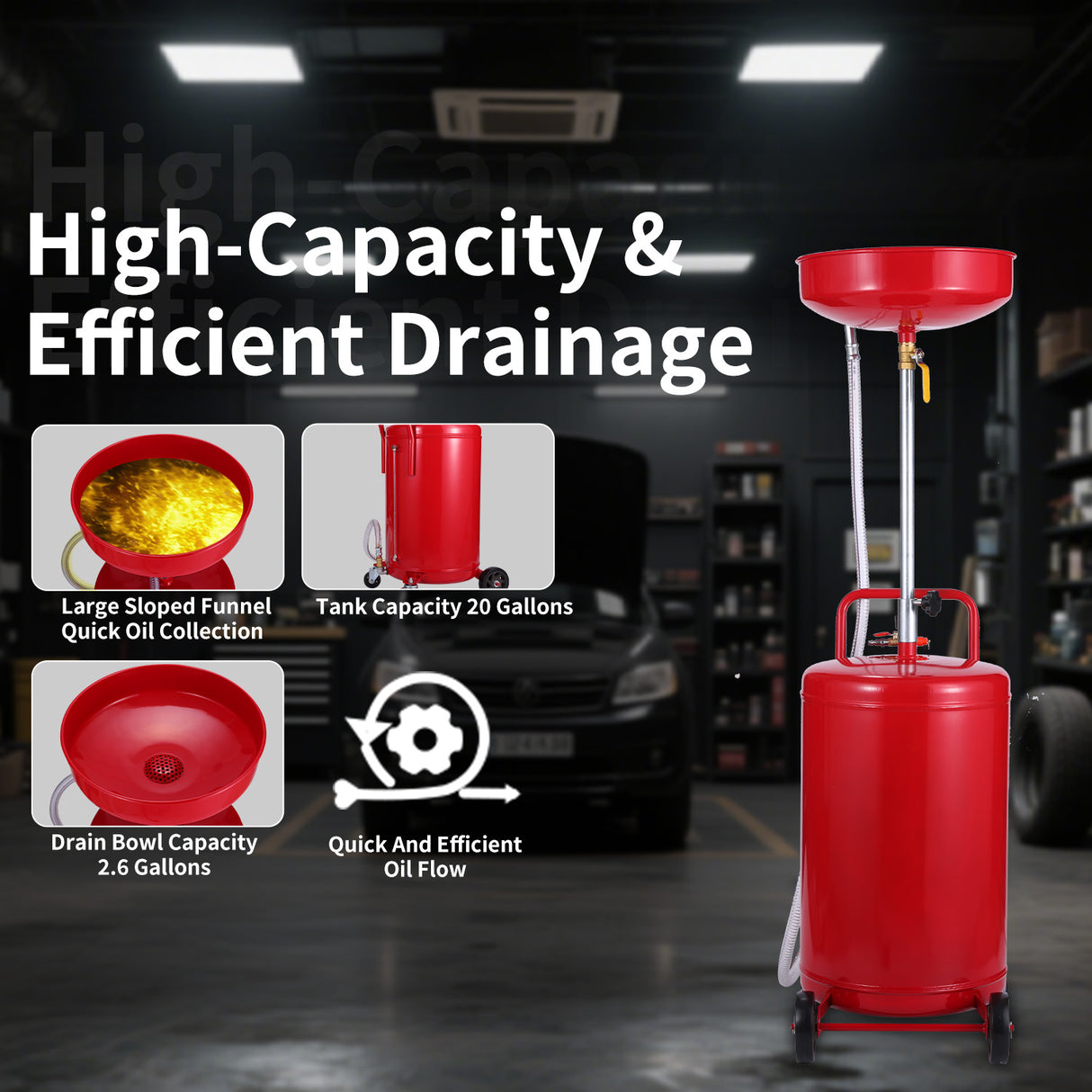 XtremepowerUS Oil Drain Container 20 Gallon Tank Air Operated Drainer Pan, Red