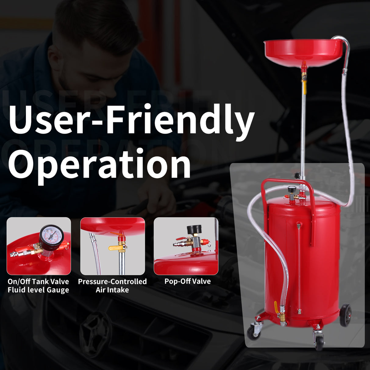 XtremepowerUS Oil Drain Container 20 Gallon Tank Air Operated Drainer Pan, Red