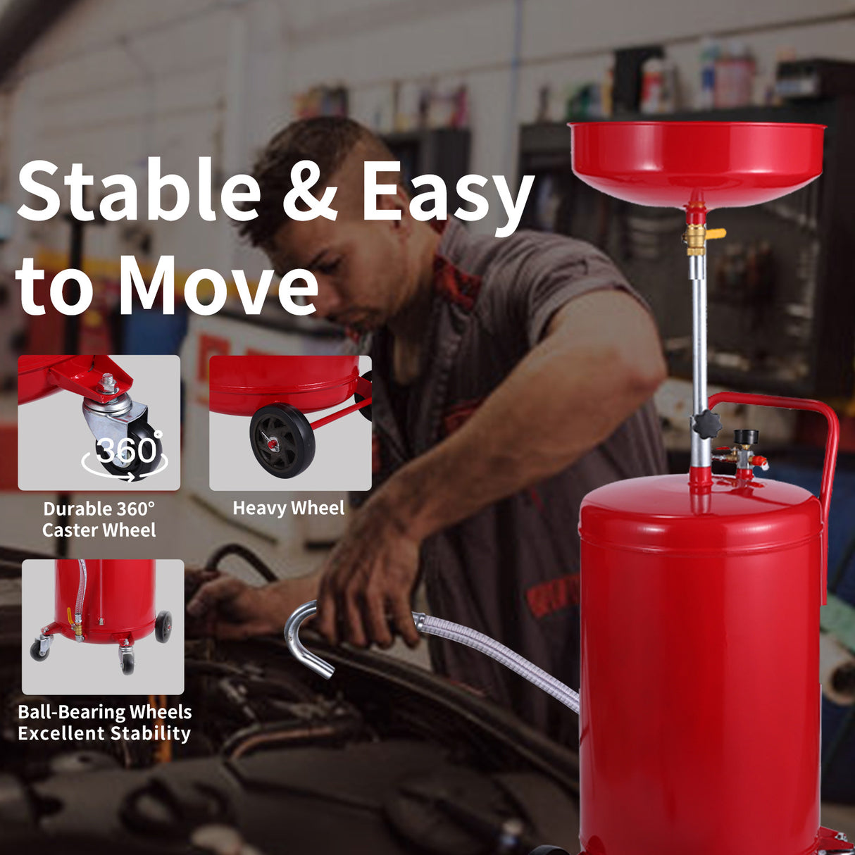 XtremepowerUS Oil Drain Container 20 Gallon Tank Air Operated Drainer Pan, Red