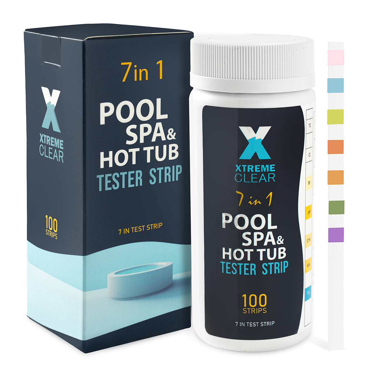 7-in-1 Swimming Pool Hot Tub & Spa Test Strips, 100 Count Pool Water Test Kit for Bromine, Chlorine, pH, Alkalinity, Hardness, Cyanuric Acid