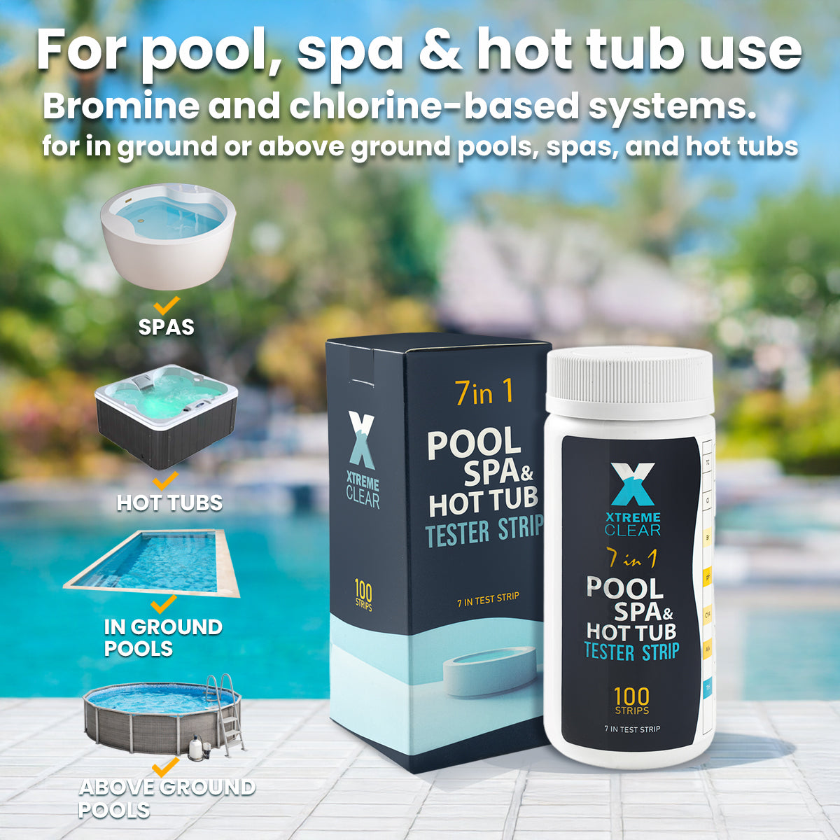 7-in-1 Swimming Pool Hot Tub & Spa Test Strips, 100 Count Pool Water Test Kit for Bromine, Chlorine, pH, Alkalinity, Hardness, Cyanuric Acid