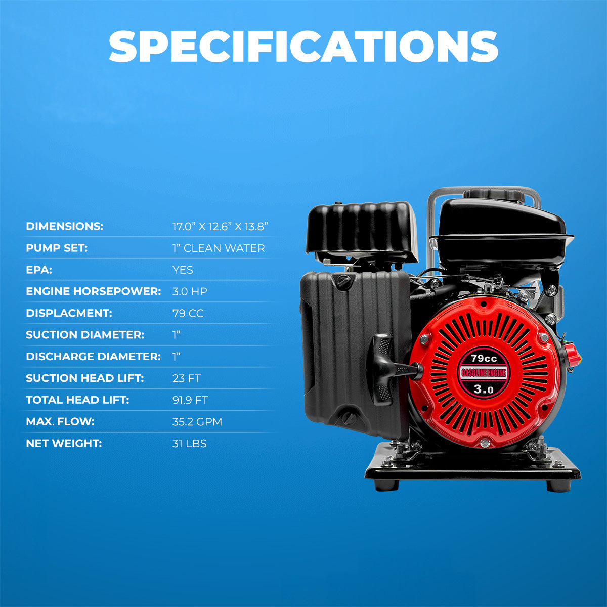 XtremepowerUS Portable 79CC Gas Gasoline Water Pump 3HP 4-Stroke Engine 36GPM 1-Inch