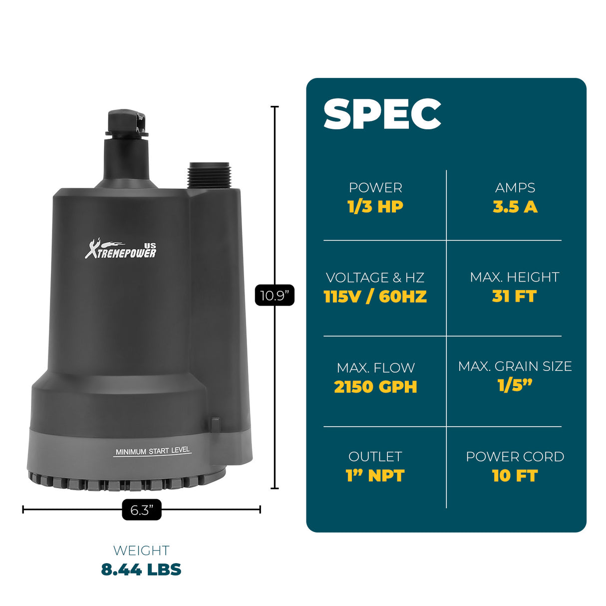 XtremepowerUS 1/3HP Submersible Utility Pump Sub Pump 2150GPH 31ft Lift Height
