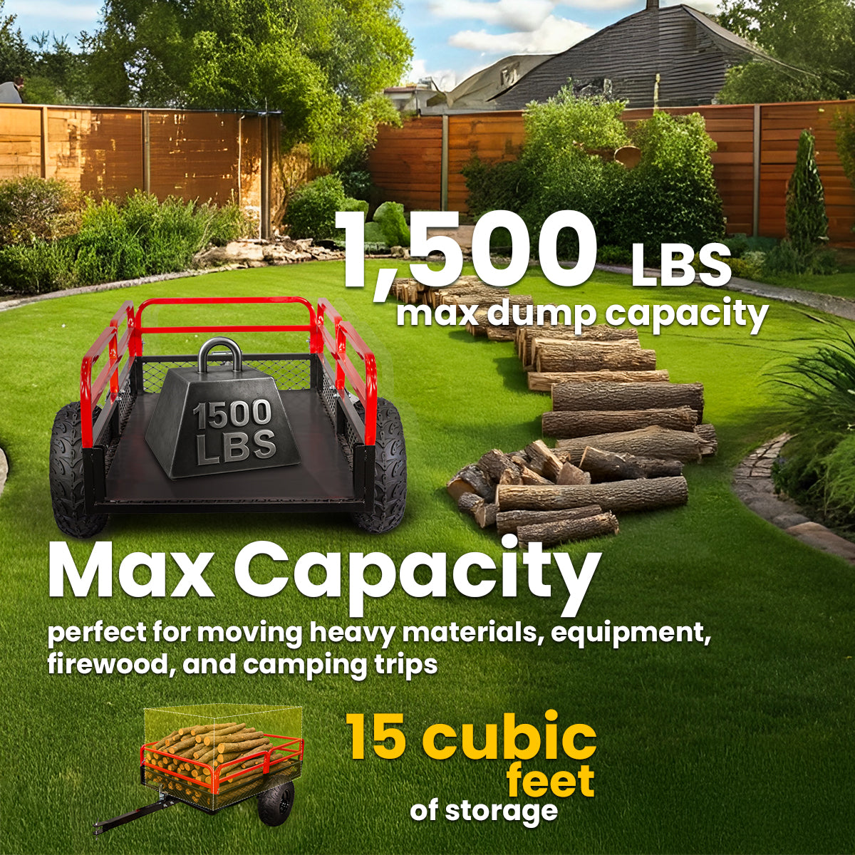 ATV UTV Trailer Tow Behind Dump Cart, 1500lbs Garden Pull Trailer Mower Tractor