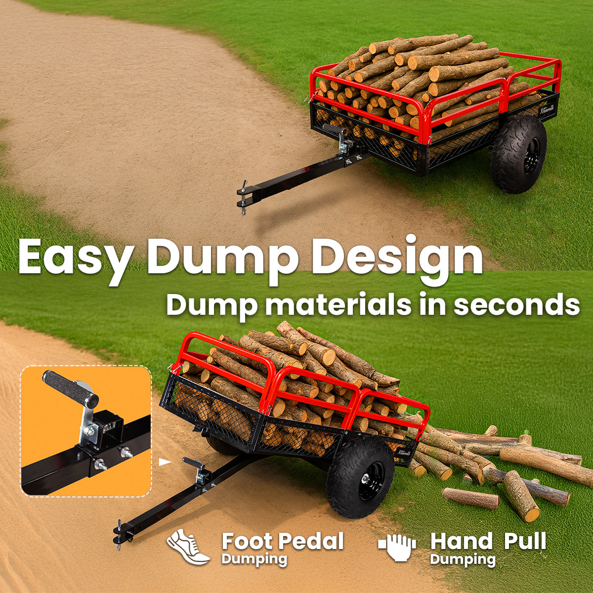 ATV UTV Trailer Tow Behind Dump Cart, 1500lbs Garden Pull Trailer Mower Tractor