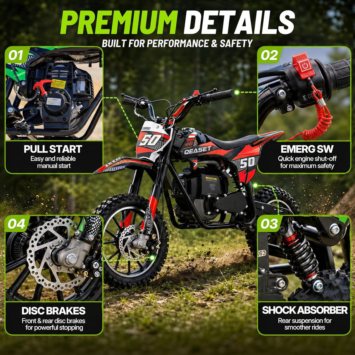 MOSTA Kids Dirt Bike, 4-Stroke Gas Power Mini Dirt Bike with Shock Absorption and Disc Brake