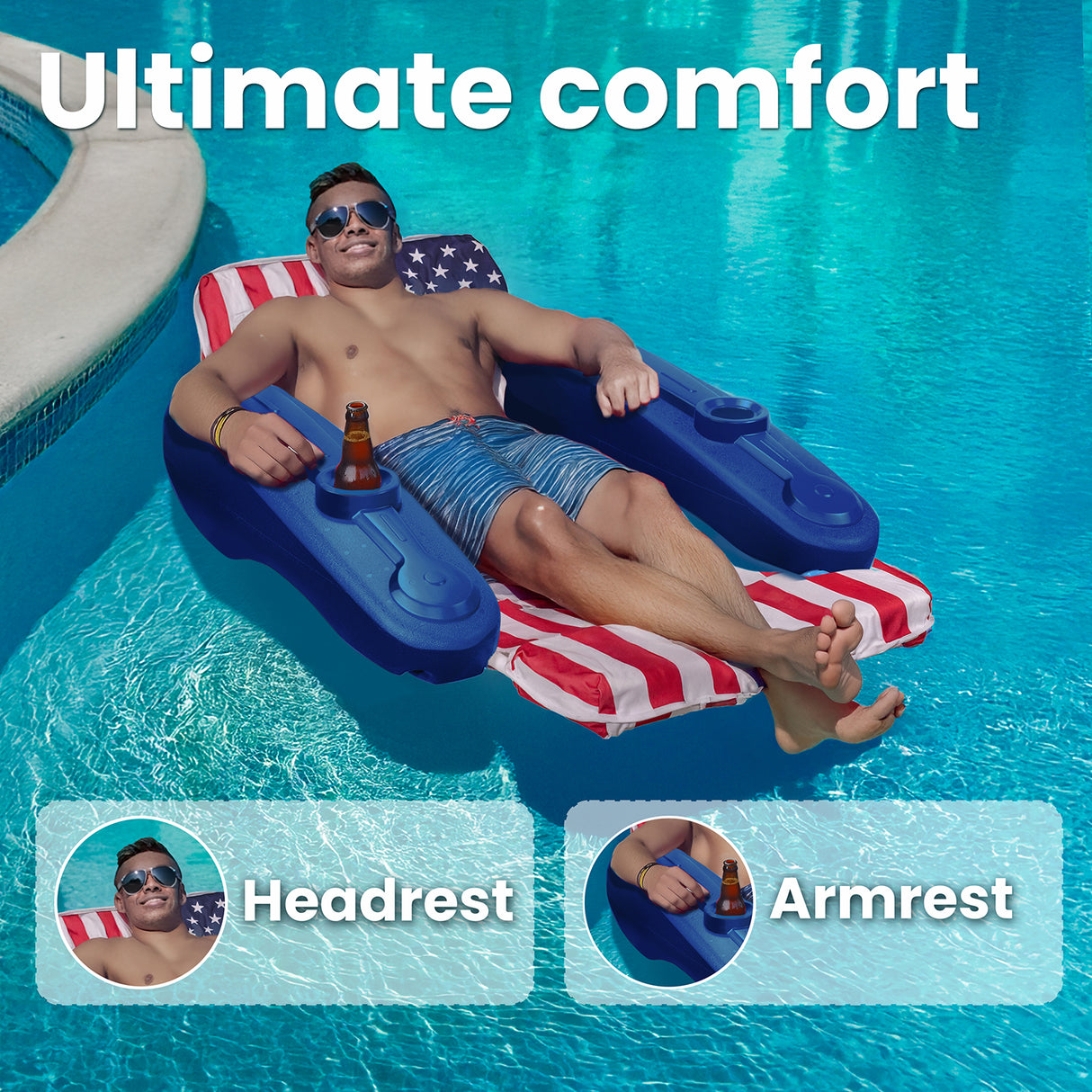 XtremepowerUS American Flag Swimming Pool Floating Chaise Lounge Cushion Cupholder