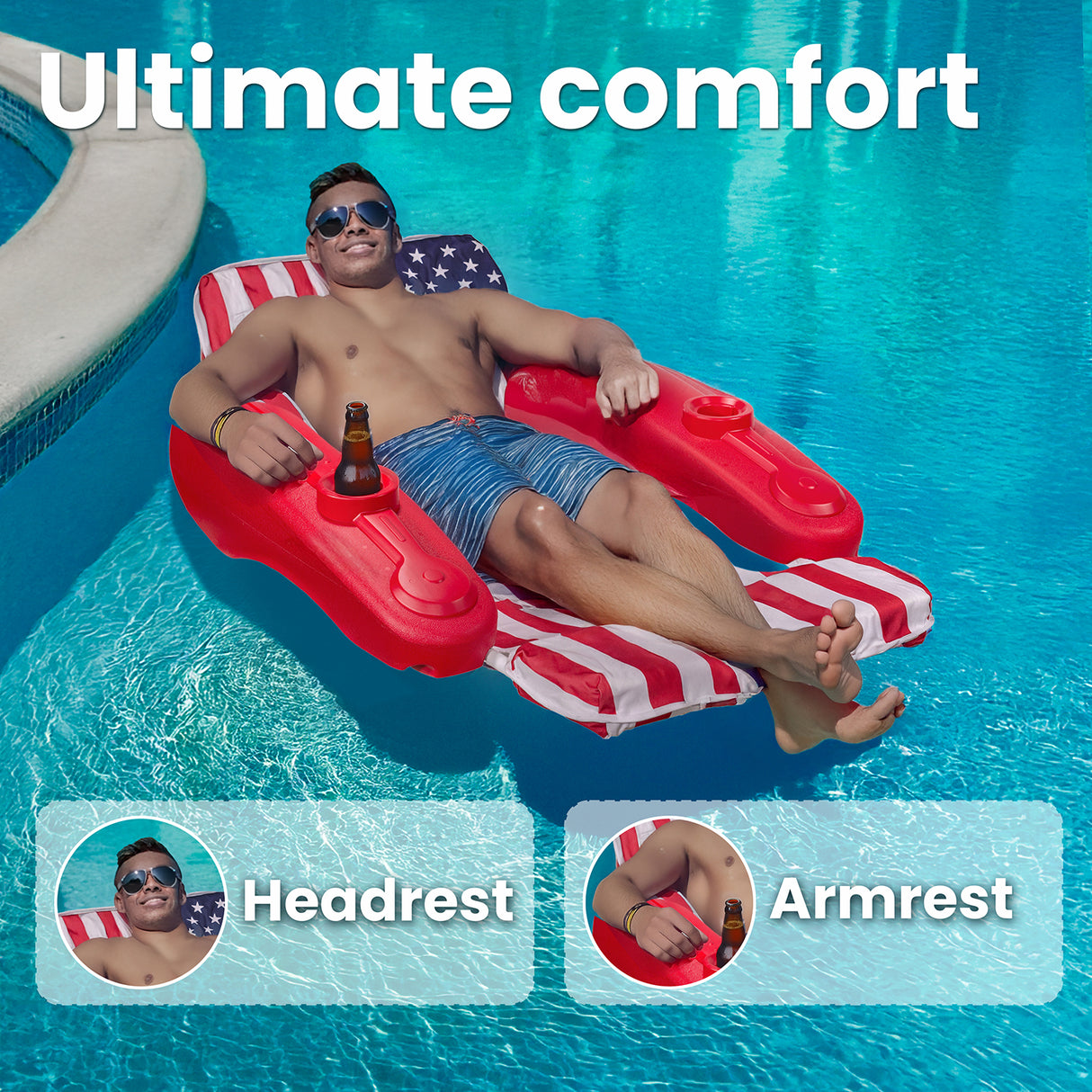 XtremepowerUS American Flag Swimming Pool Floating Chaise Lounge Cushion Cupholder