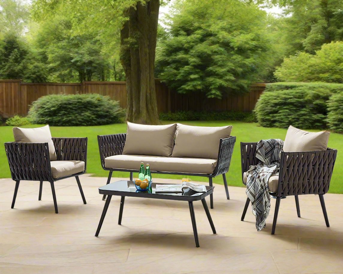 Barton 4 Piece Bistro Sofa Set w/Cushions Coffee Table Outdoor Patio Wicker