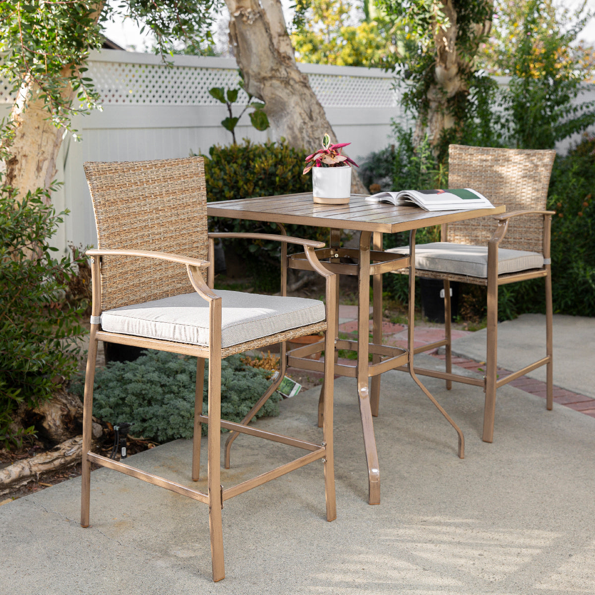 Barton 3-Piece Outdoor Bar Table & Stools All-Weather Patio Bistro Cushioned Bar