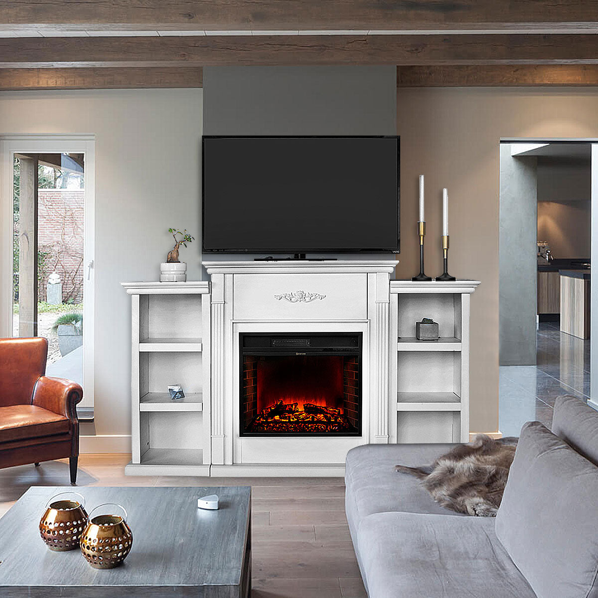 Barton 70" Media TV Stand for Portable Fireplace Bookcases Large White-Stand