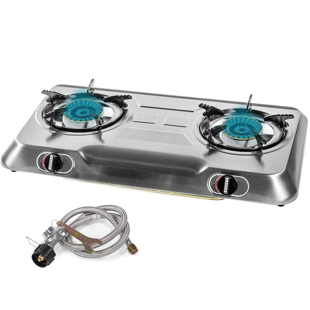 XtremepowerUS 25,516BTU Double Burner Stove Auto Ignition Cooktop Propane Hose