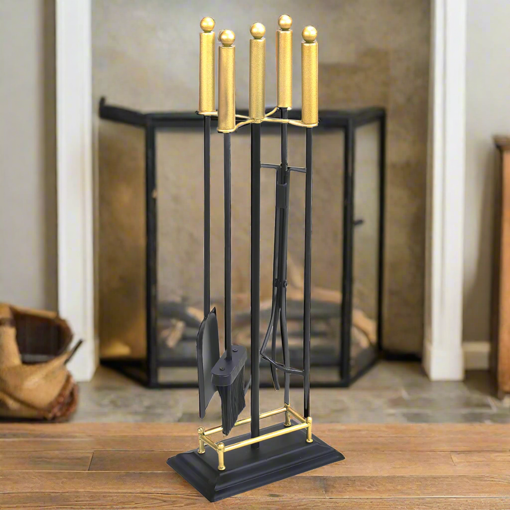 Barton 5Pc Fireplace Tools Black & Gold Wrought Iron w/Stand Poker Shovel Tongs