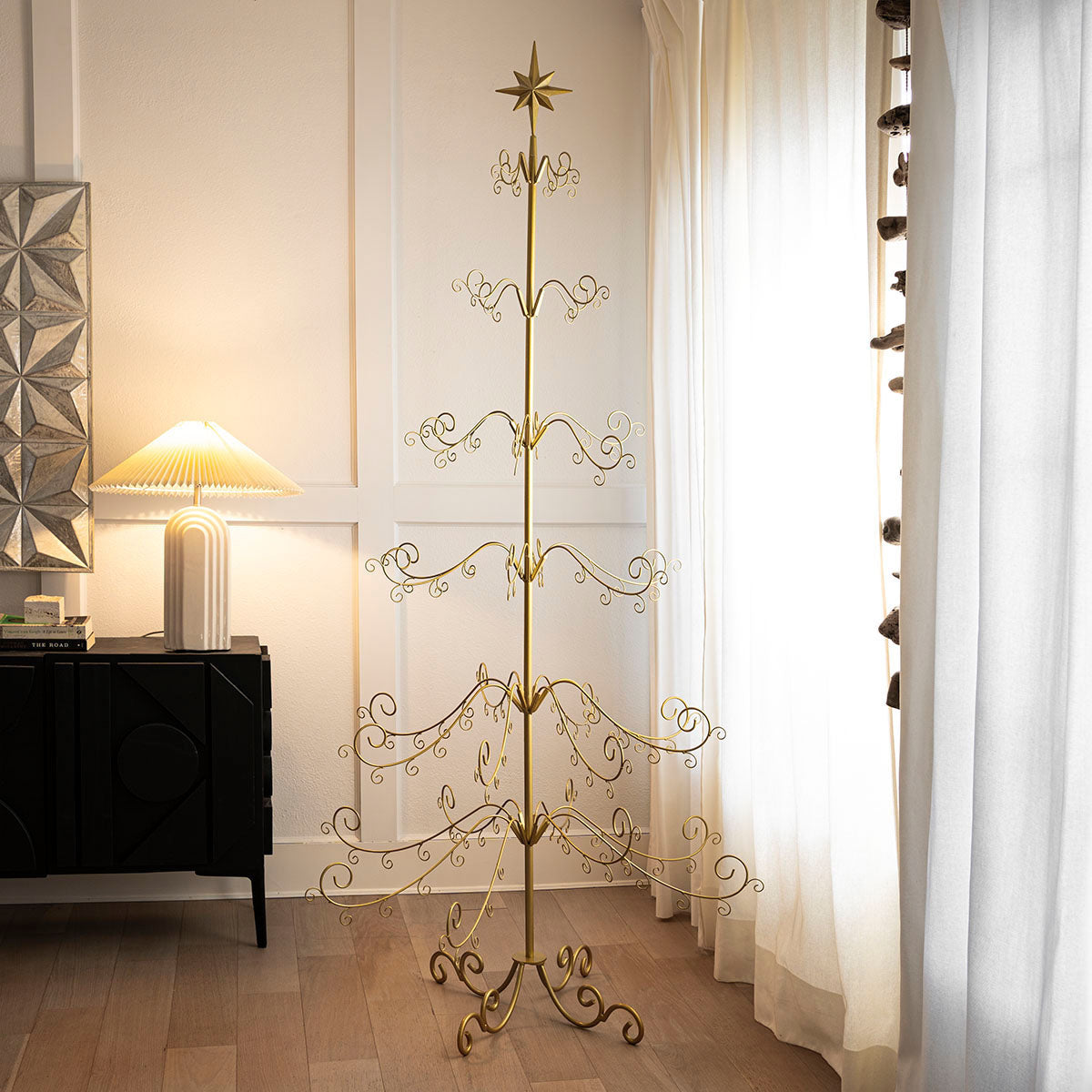 Barton 6.4ft Metal Rotating Christmas Ornament Display Tree Stand, Gold