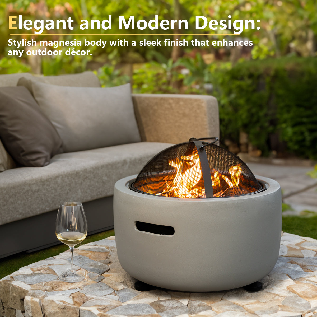Barton MGO Concrete 18" Round Charcoal Wood Burning Fire Pit, Grate, BBQ Grill Fire Bowl
