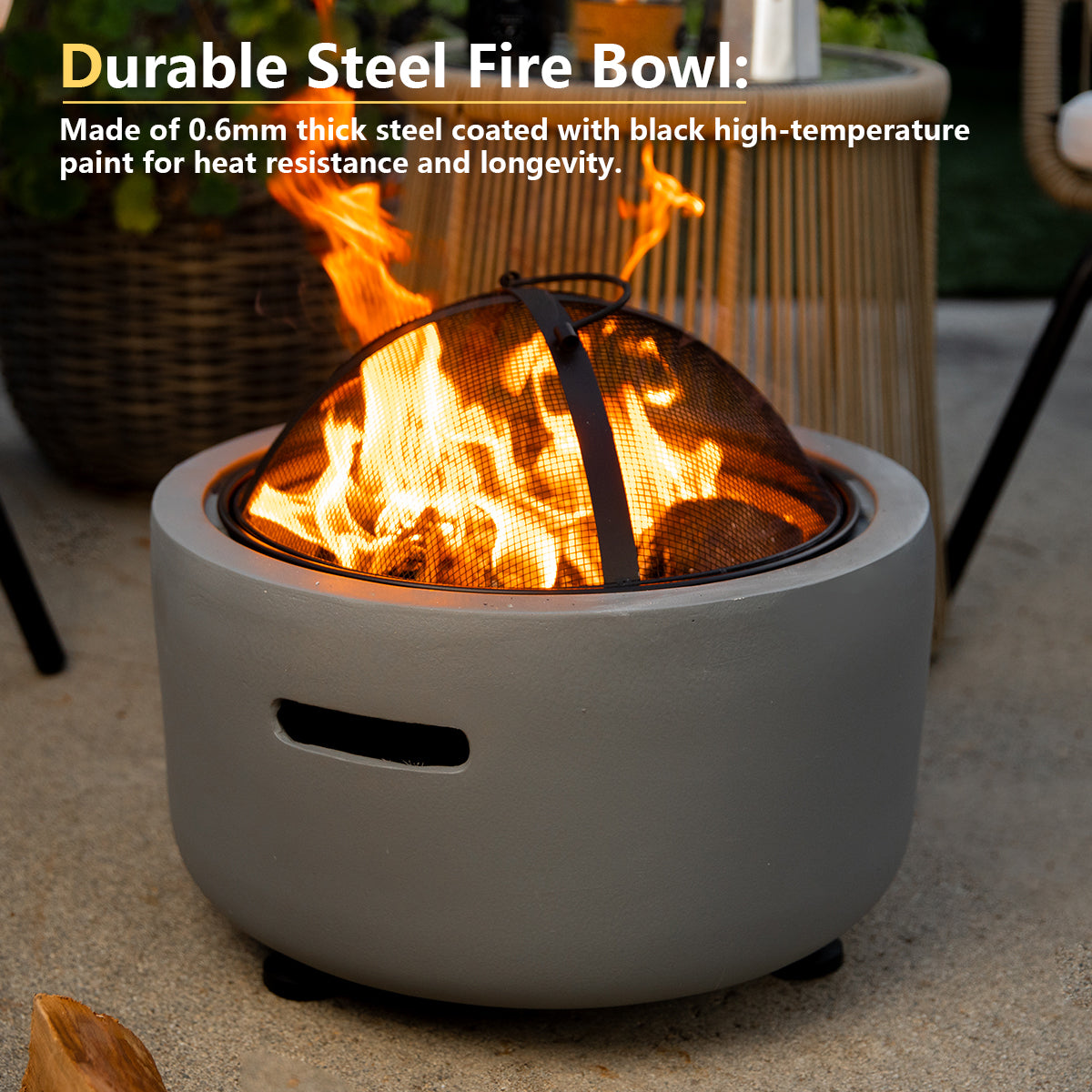 Barton MGO Concrete 18" Round Charcoal Wood Burning Fire Pit, Grate, BBQ Grill Fire Bowl