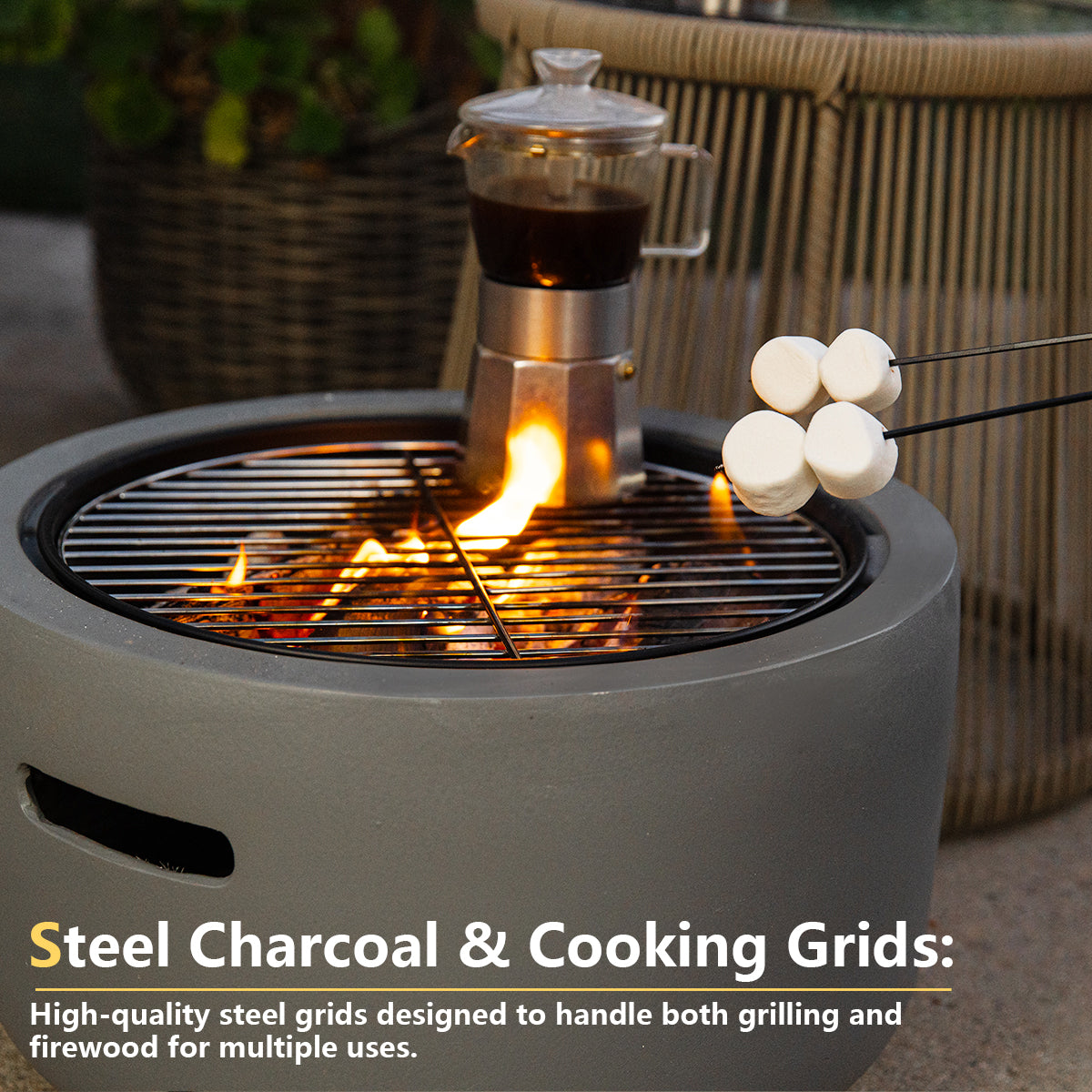 Barton MGO Concrete 18" Round Charcoal Wood Burning Fire Pit, Grate, BBQ Grill Fire Bowl