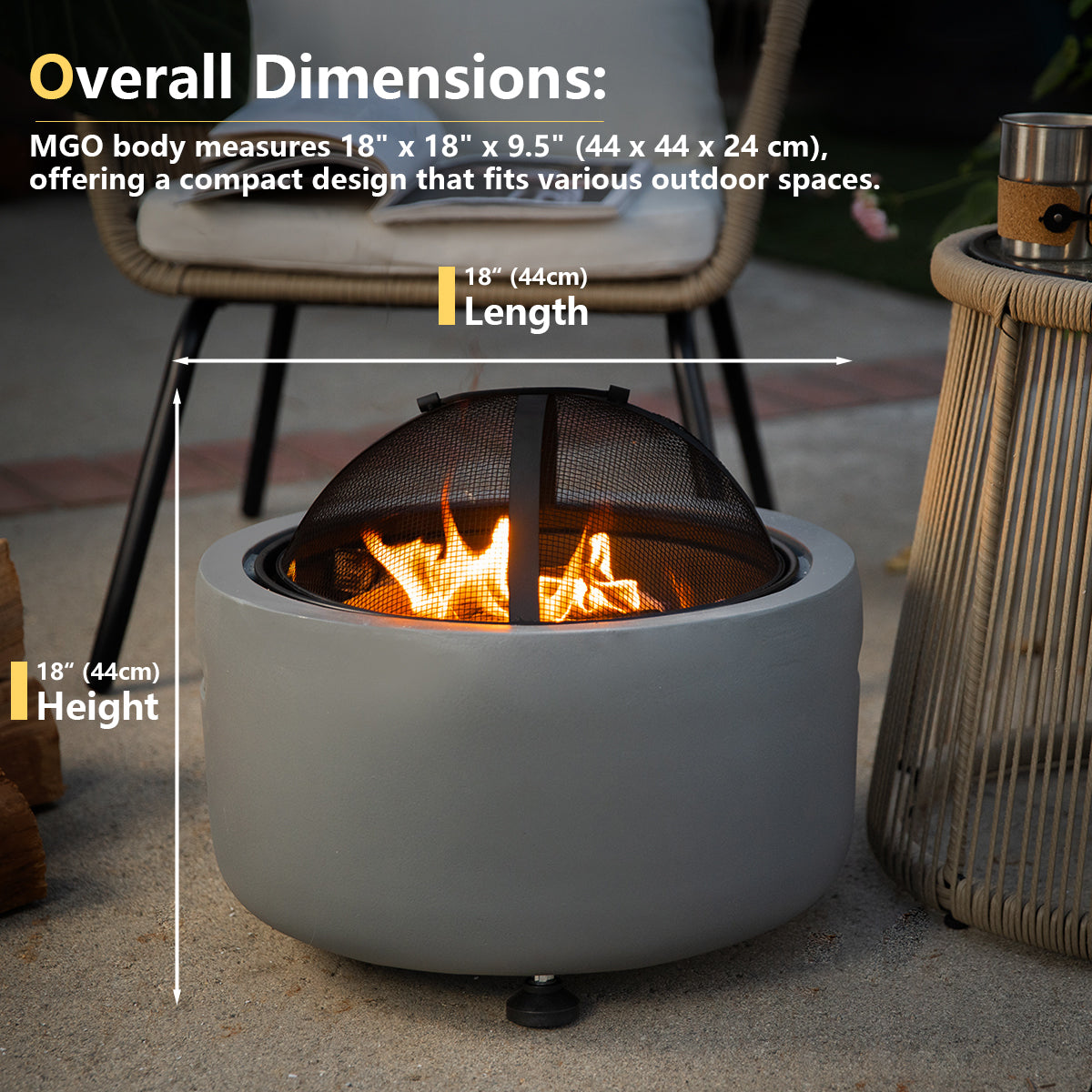 Barton MGO Concrete 18" Round Charcoal Wood Burning Fire Pit, Grate, BBQ Grill Fire Bowl