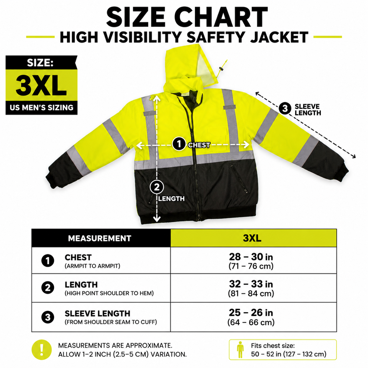 Hi-Vis Class 3 Safety Jacket Neon Reflective Coat Bomber Jacket XXXL