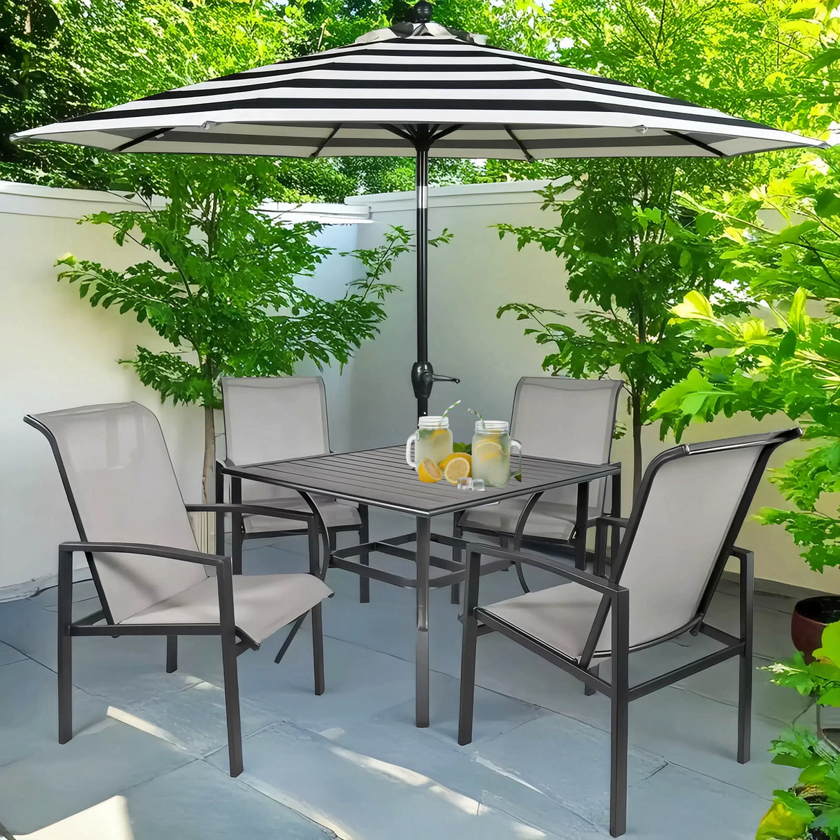 Barton 5Pcs Outdoor Set Mesh High Back Seat Patio Dining Sling Chairs Table Grey