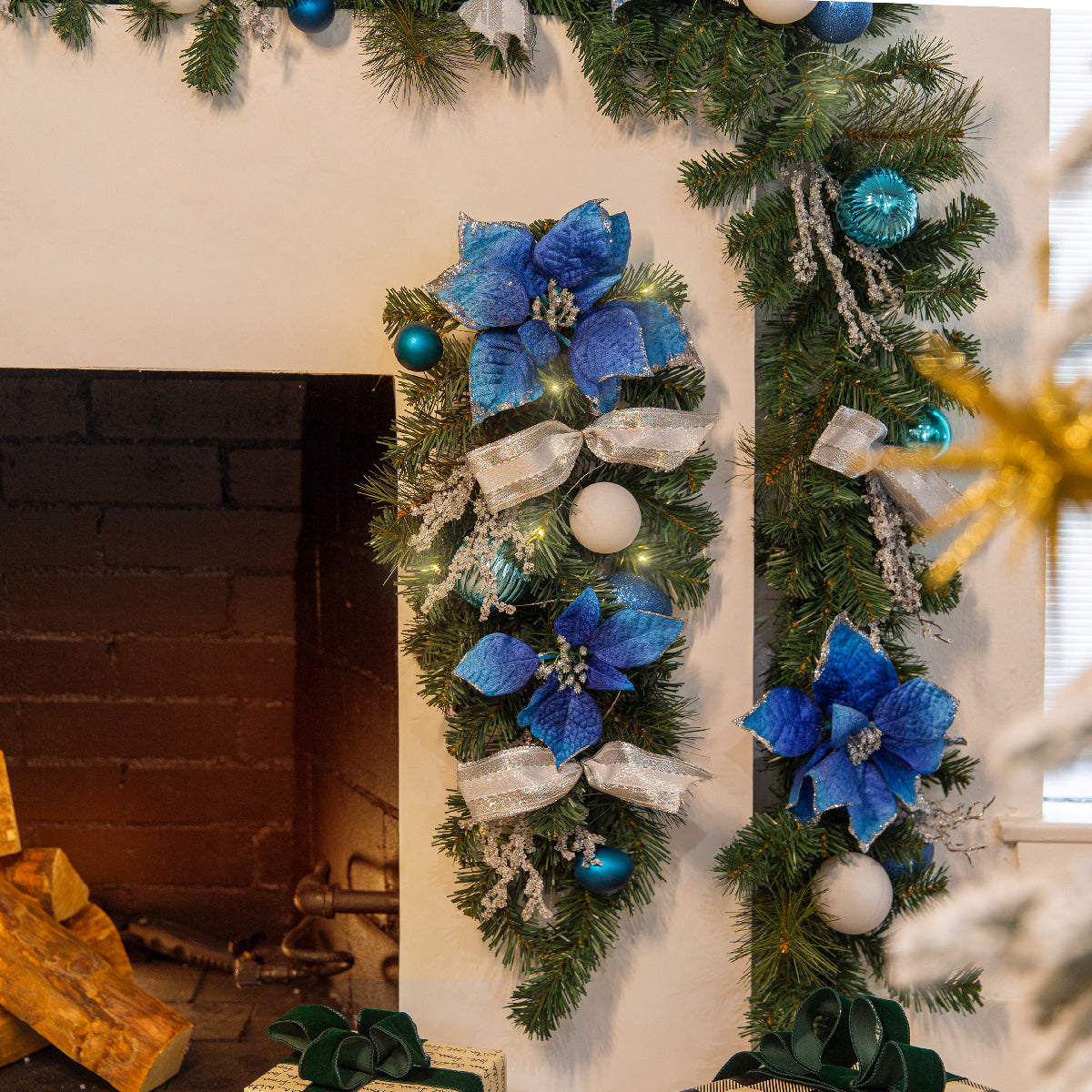 Barton 2x 28" Christmas Teardrop Swag Wreath Blue & Silver w/Ornanmets Pre-Lit