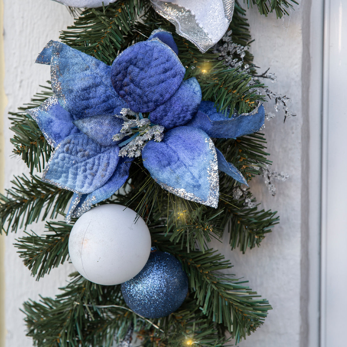 Barton 2x 28" Christmas Teardrop Swag Wreath Blue & Silver w/Ornanmets Pre-Lit