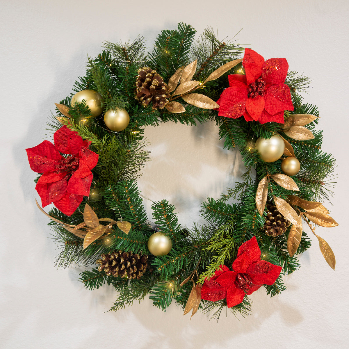 Barton 24" Christmas Wreath Red & Gold w/Ornaments Pre-Lit White LED Door