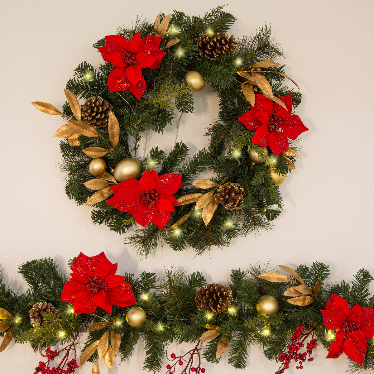 Barton 24" Christmas Wreath Red & Gold w/Ornaments Pre-Lit White LED Door