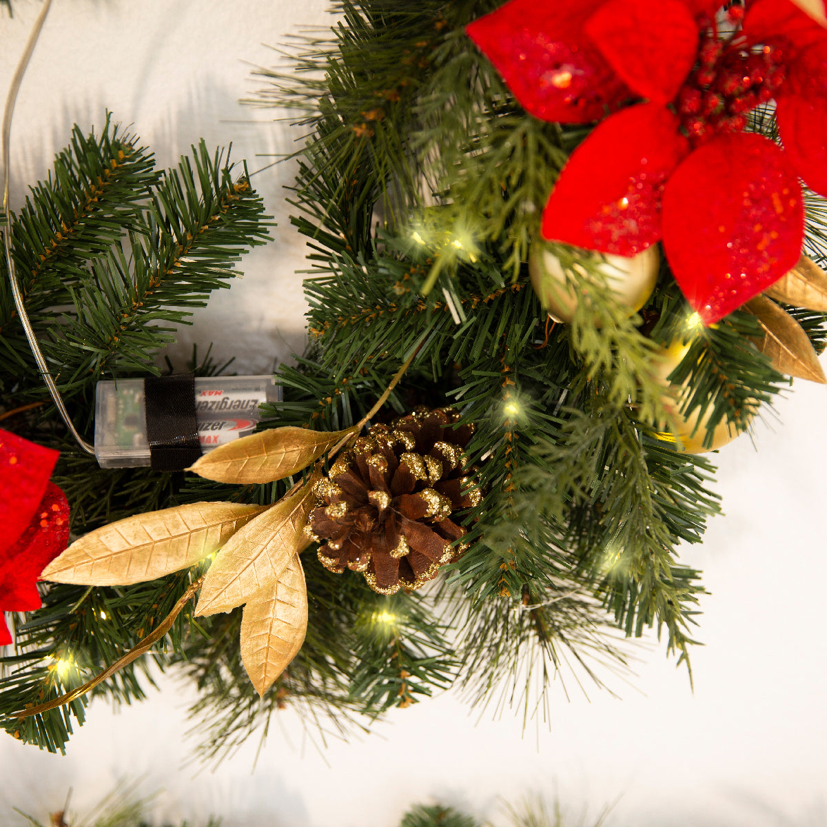 Barton 24" Christmas Wreath Red & Gold w/Ornaments Pre-Lit White LED Door