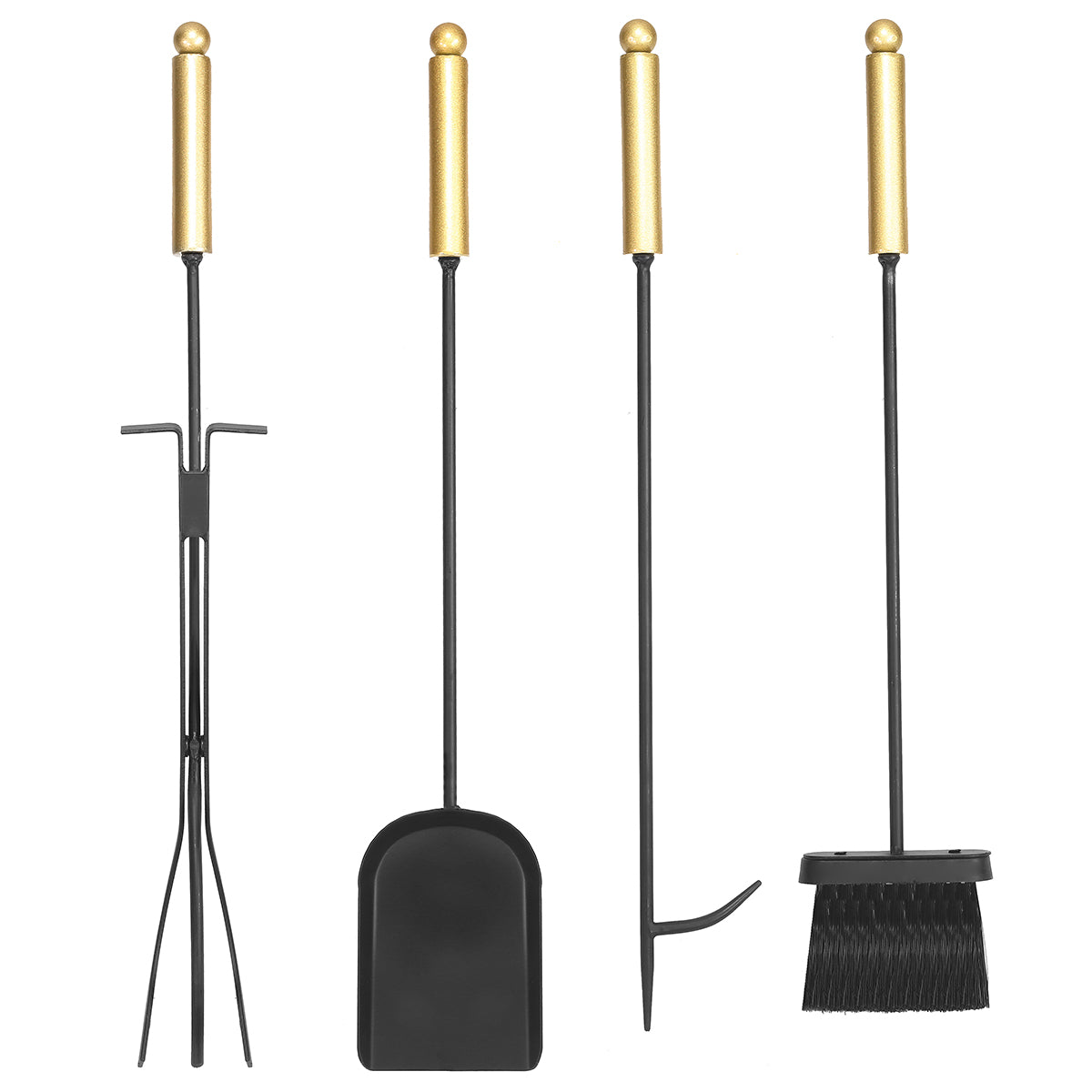 Barton 5Pc Fireplace Tools Black & Gold Wrought Iron w/Stand Poker Shovel Tongs