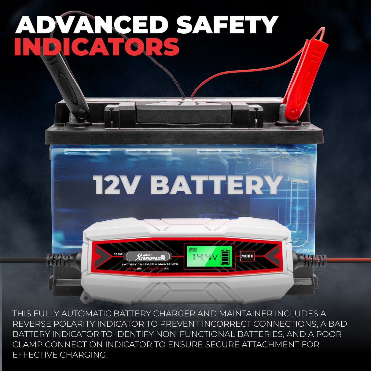 6/12V 4A Battery Charger Maintainer Full Automatic 3-Stages Charging with Clamps