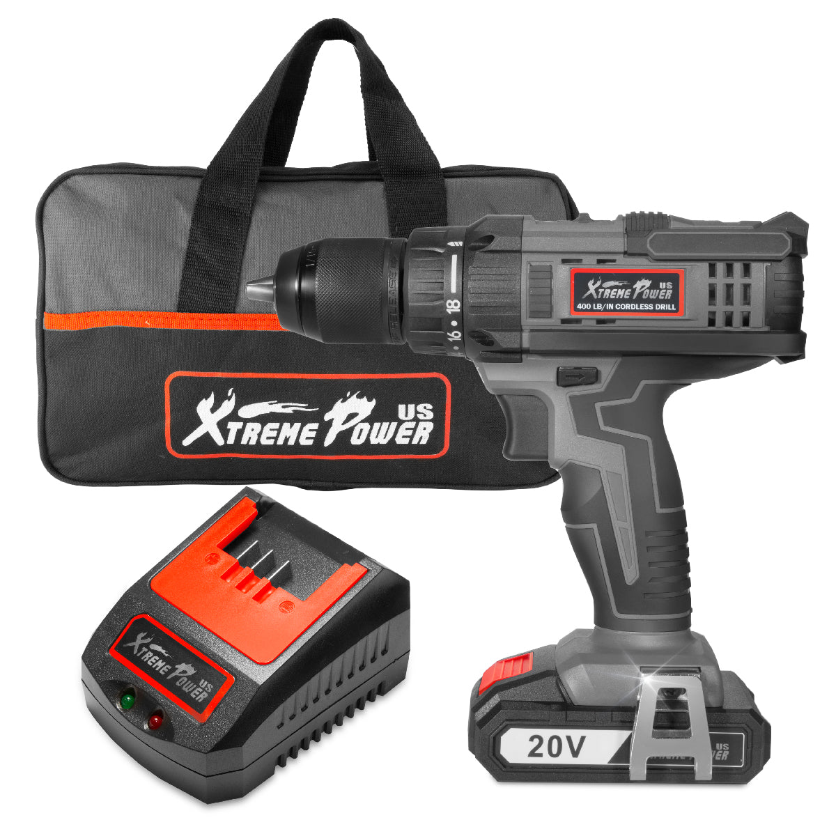 XtremepowerUS 20V MAX Cordless Drill Driver 2000mAh 400In/lbs 18+1 Torque w/ Bag