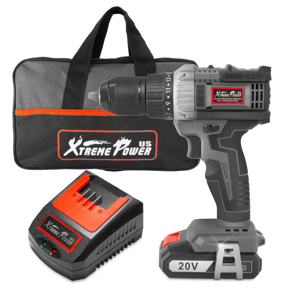 XtremepowerUS 22+1 Torque 20V Cordless Drill Brushless Driver 500 In-lbs Torque