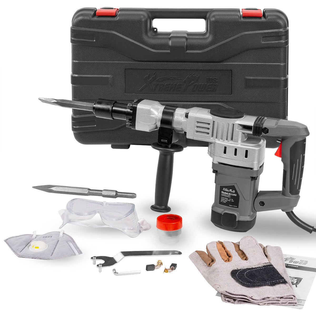 XtremepowerUS Electric 1400W Demolition Jack Hammer w/ Point Chisel Bits + Case