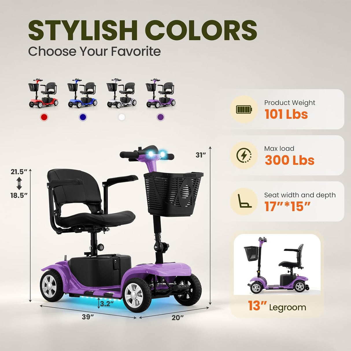4 Wheel Mobility Scooter for Seniors, Foldable, 15 Miles, 4.5 MPH, 330 LBS