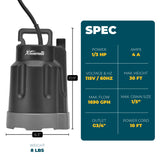 XtremepowerUS 1/3HP Submersible Utility Pump Sub Pump 1700GPH 30ft Lift Height