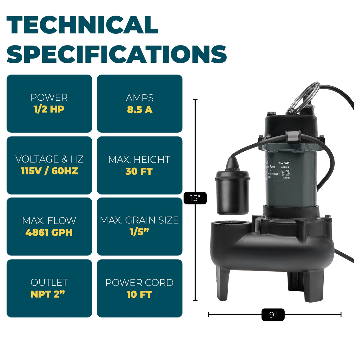 XtremepowerUS 1/2HP Submersible Sump Pump Sub Pump 4860 GPH Aluminum