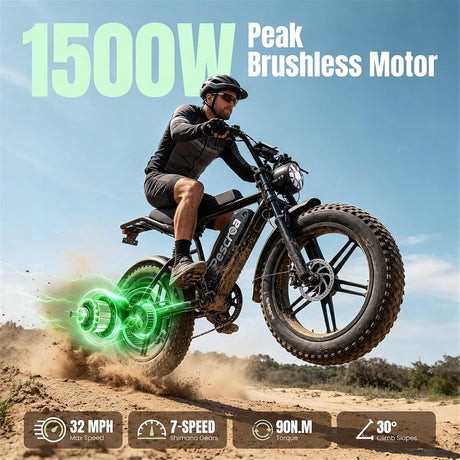 Electric Bike for Adults,1500W Peak 20" Fat Tire Ebike 28MPH 65/110 Miles