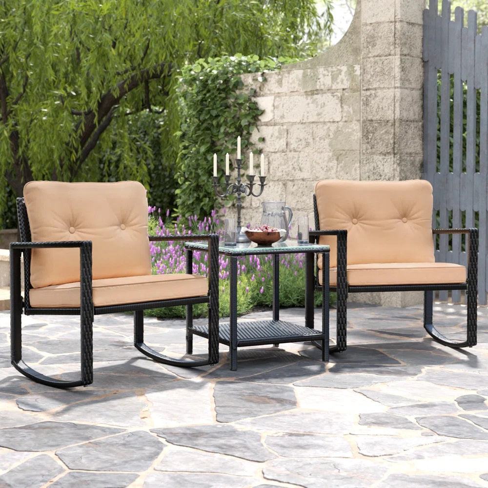 Barton 3-Piece Outdoor Patio Bistro Set Glass Table & Rocker Chairs Steel Garden