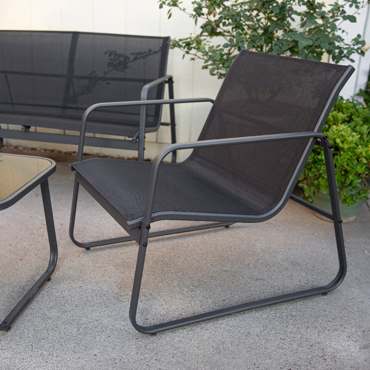 Barton 4 Pieces Outdoor Patio Furniture Lounger Chair Set w/ Glass Table, Black