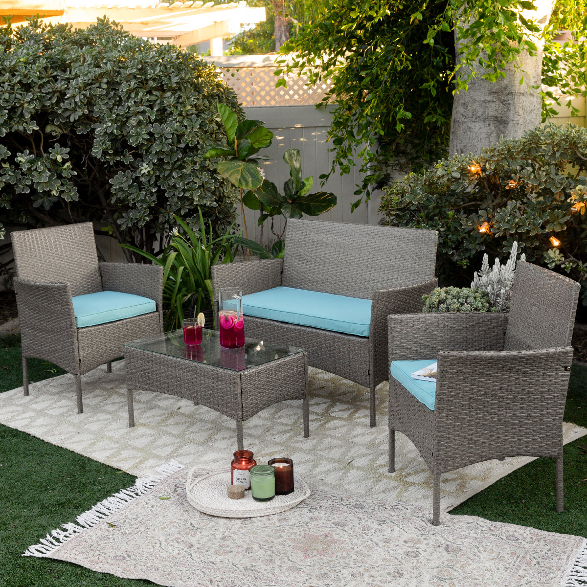 Barton 4 Piece Outdoor Patio Set Sofa Wicker Chair w/ Table Set Cushion Seat