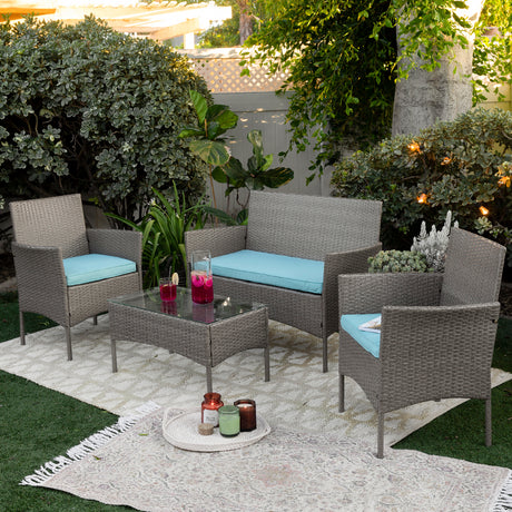 Barton 4 Piece Outdoor Patio Set Sofa Wicker Chair w/ Table Set Cushion Seat