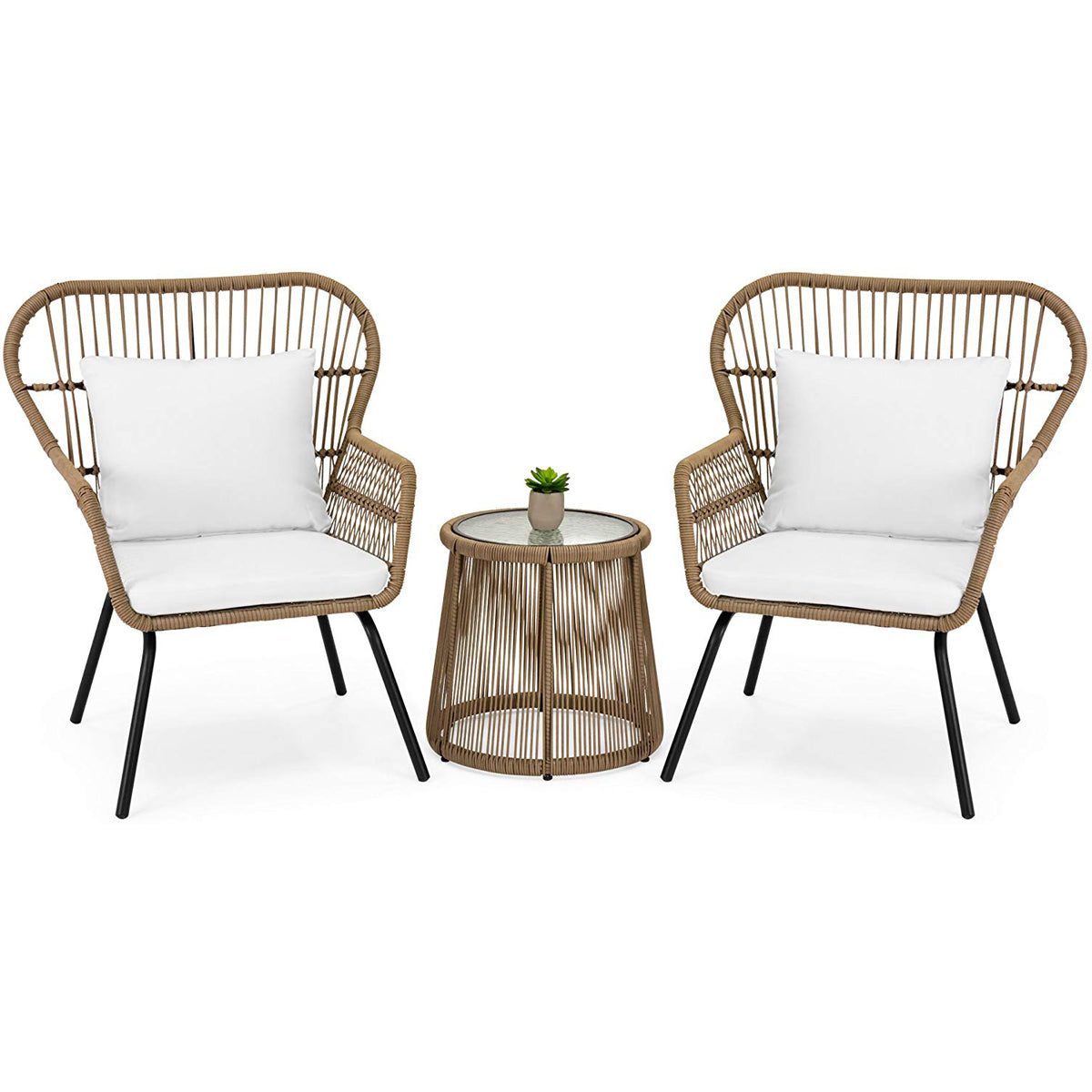 Barton 3 Pieces Bistro Chair Set w/Glass Table Beige Outdoor Patio Furniture