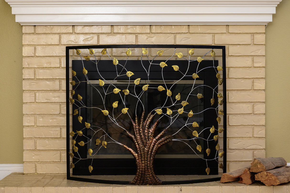 Barton 39" x 33" Fireplace Screen Spark Guard Iron 1 Panel Tree of Life Curved