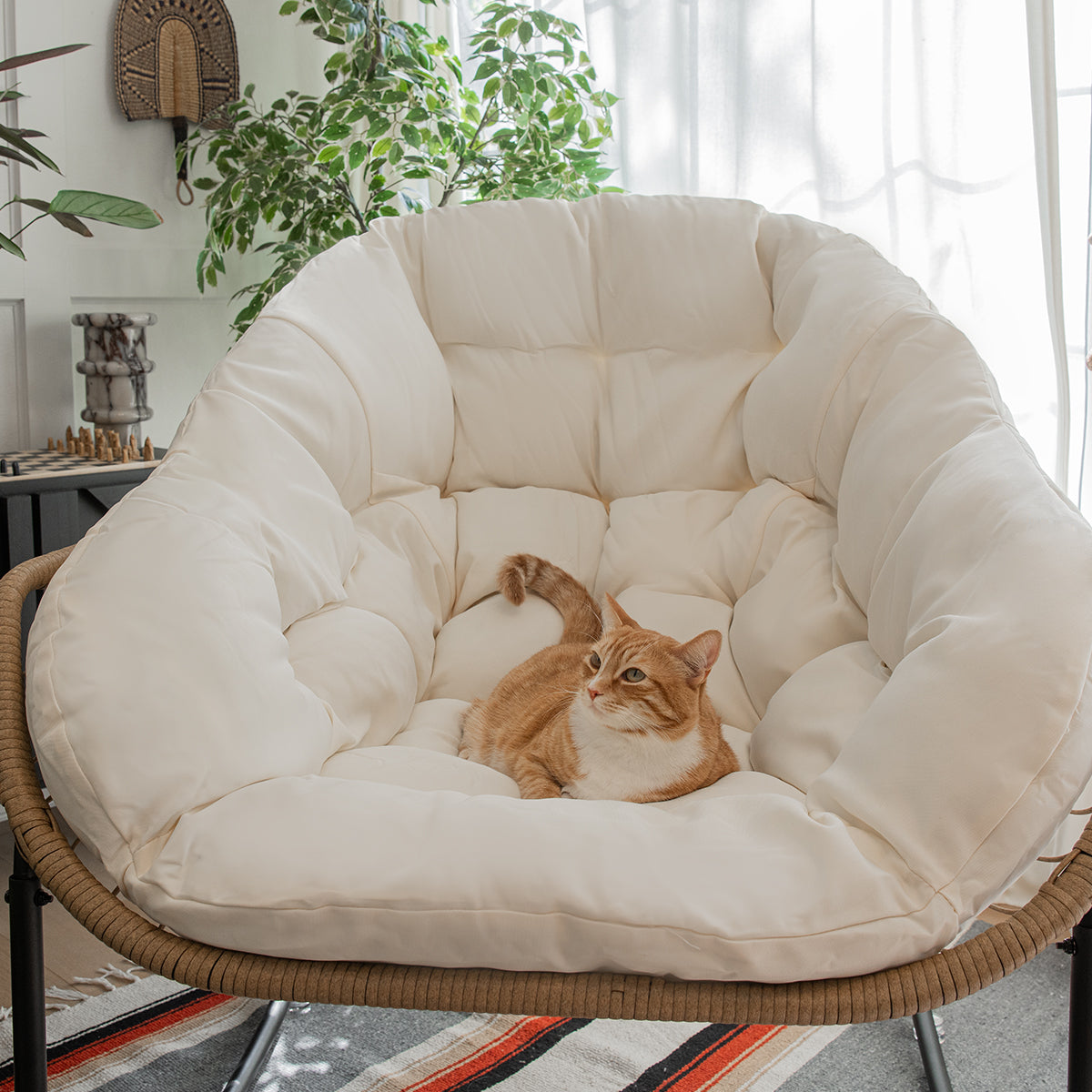 Barton Outdoor Rocking Chair, Patio Wicker Egg Chair, Comfy Oversized, Beige